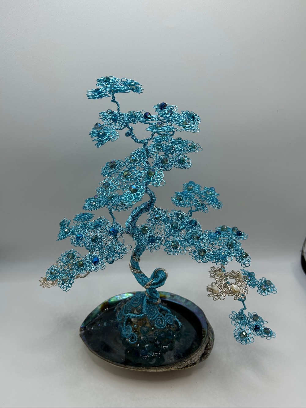 Beaded Bonsai Wire Tree Blue Crystal Beads, Blue Aluminum Wire on Abalone shell